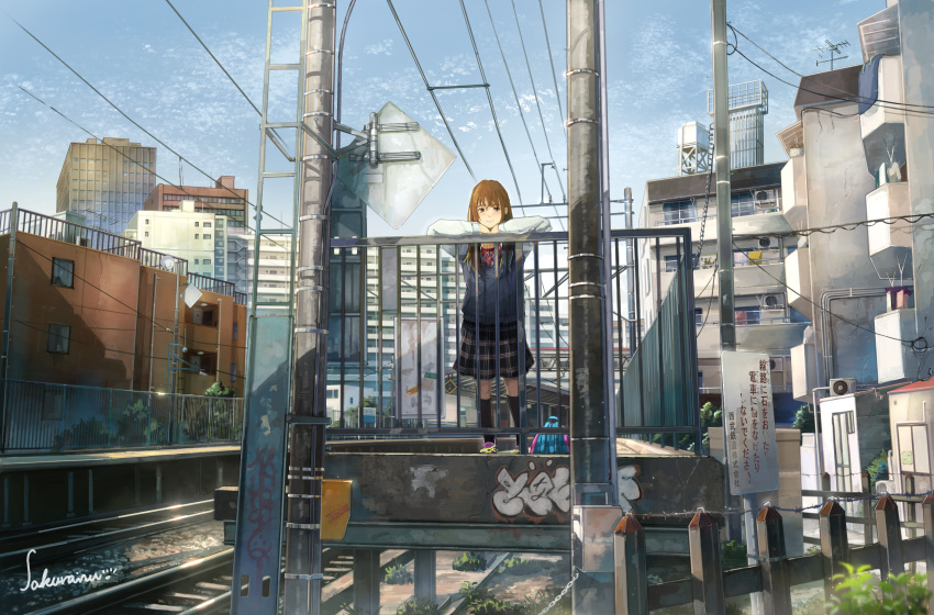 1girl antennae brown_hair building cityscape day fence graffiti highres leaning_on_rail long_sleeves original outdoors plaid plaid_skirt plant power_lines railing road_sign sakura_inu_(itoyatomo) scenery school_uniform sign skirt standing sweater_vest utility_pole