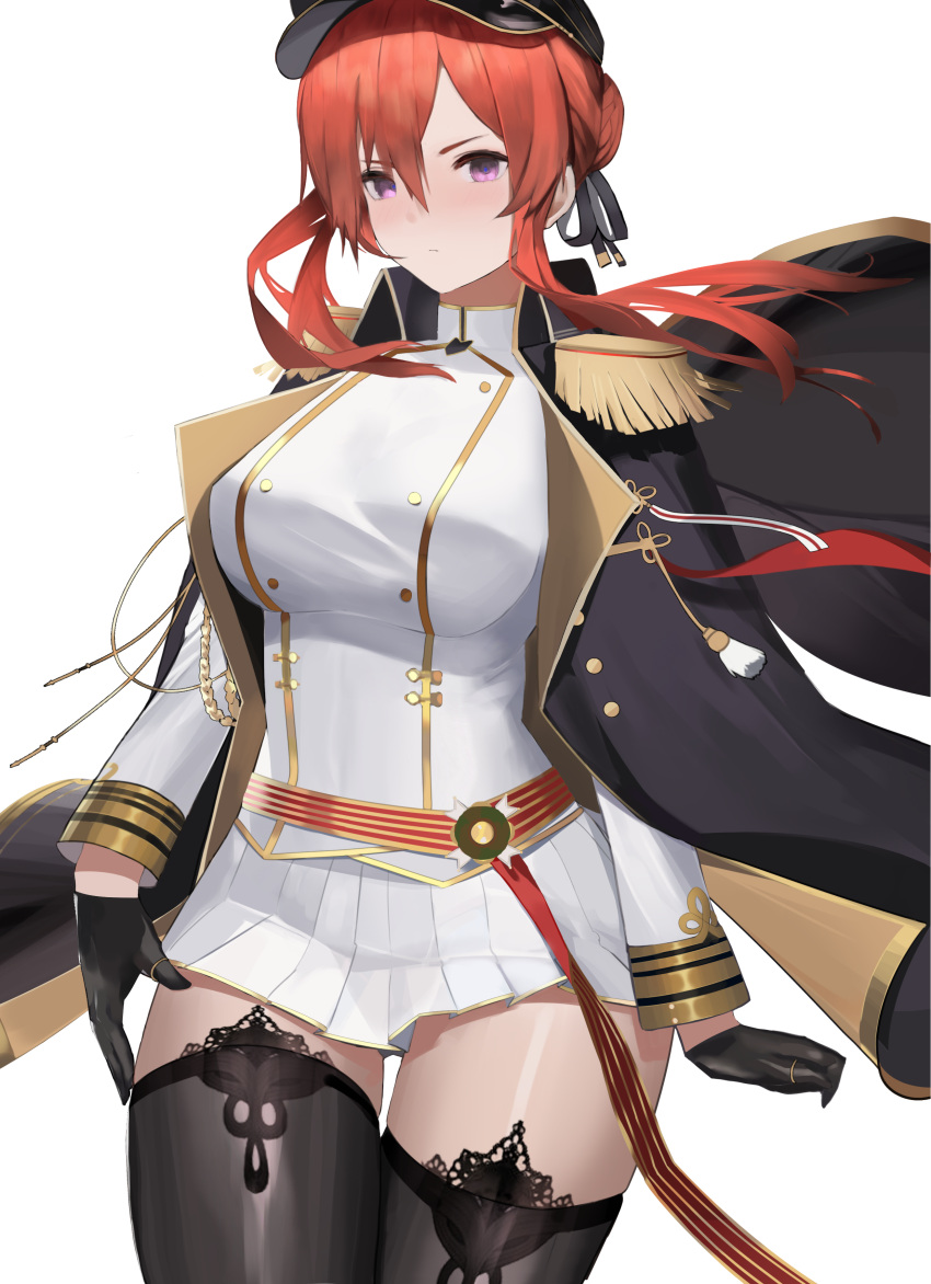 1girl absurdres azur_lane bangs black_gloves black_jacket black_legwear black_ribbon blush breasts cape chinese_commentary closed_mouth commentary_request double-breasted epaulettes fumiho_(xzdt4574) gloves hair_bun hair_ribbon hat highres jacket jacket_on_shoulders large_breasts long_sleeves looking_at_viewer medium_hair military military_uniform monarch_(azur_lane) pleated_skirt redhead ribbon shirt sidelocks simple_background skirt solo standing thigh-highs uniform violet_eyes white_background white_shirt white_skirt