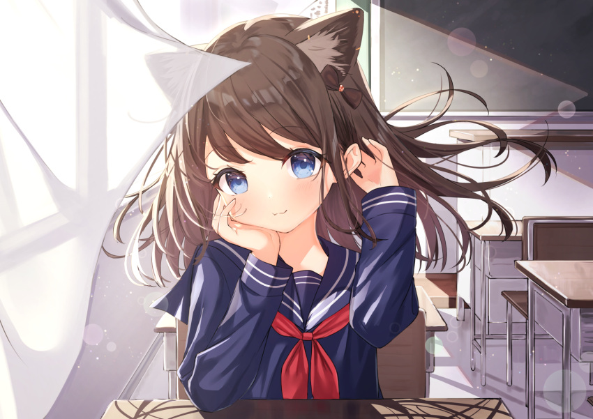 1girl :3 animal_ear_fluff animal_ears bangs blue_eyes blue_sailor_collar blue_shirt bow brown_bow brown_hair chair closed_mouth commentary_request curtains desk eyebrows_visible_through_hair floating_hair hair_bow hands_up highres indoors long_hair long_sleeves looking_at_viewer neckerchief on_chair original red_neckwear sailor_collar school_chair school_desk school_uniform serafuku shirt sitting solo transparent tsukiman window