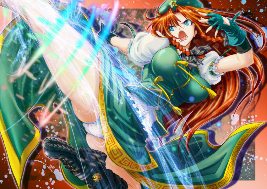 1girl blue_eyes boots braid breasts commentary_request energy feet_out_of_frame fingerless_gloves flying_kick gloves hat hijikawa_arashi hong_meiling kicking large_breasts long_hair open_mouth panties pantyshot partial_commentary rainbow_gradient rainbow_order redhead ribbon solo spell_card star_(symbol) touhou twin_braids underwear white_panties