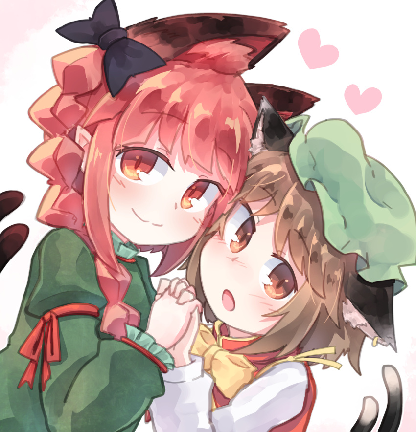 2girls animal_ear_fluff animal_ears black_bow blush bow bowtie braid brown_hair cat_ears cat_tail cheek-to-cheek chen commentary_request dress green_dress green_headwear hand_up hat heart highres holding_hands interlocked_fingers jewelry kaenbyou_rin kibisake long_hair long_sleeves looking_at_viewer mob_cap multiple_girls multiple_tails open_mouth pink_background red_eyes redhead shirt short_hair single_earring smile tail touhou twin_braids two_tails white_background white_shirt yellow_neckwear