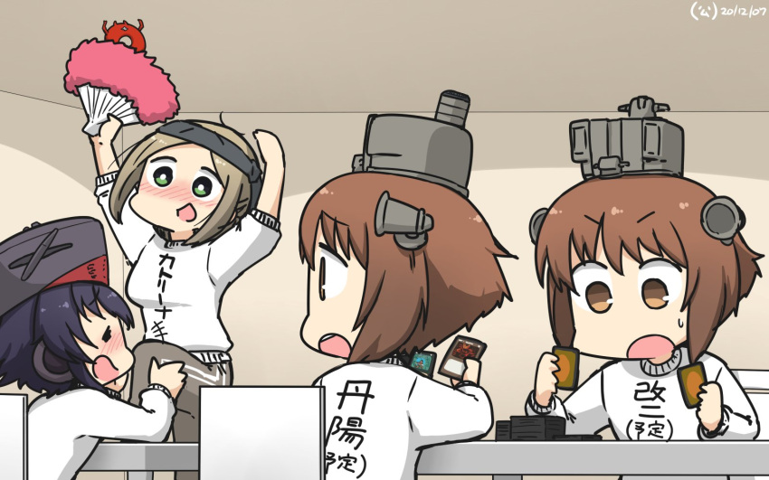 4girls =_= abyssal_ship alternate_costume asymmetrical_hair bangs black_hair brown_eyes brown_hair card closed_eyes clothes_writing commentary_request cowboy_shot dated drunk dual_persona enemy_lifebuoy_(kantai_collection) eyes_visible_through_hair fan folded_ponytail folding_fan green_eyes hamu_koutarou hat headband headgear headset highres holding holding_fan i-14_(kantai_collection) kantai_collection katori_(kantai_collection) magic:_the_gathering multiple_girls open_mouth parted_bangs playing_games short_hair speaking_tube_headset spot_the_differences sweater upper_body upper_teeth white_sweater yukikaze_(kantai_collection)