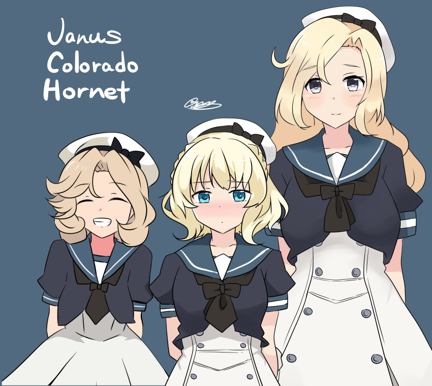 3girls absurdres beret blonde_hair blue_eyes closed_eyes collarbone colorado_(kantai_collection) cosplay grey_eyes grin hat highres hornet_(kantai_collection) janus_(kantai_collection) jervis_(kantai_collection) jervis_(kantai_collection)_(cosplay) kantai_collection long_hair multiple_girls noruren puffy_short_sleeves puffy_sleeves short_hair short_sleeves smile