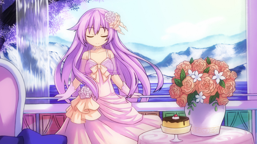 1girl absurdres bare_shoulders blush bow breasts closed_eyes dress flower food gloves hair_flower hair_ornament highres huge_filesize jewelry long_hair medium_breasts necklace neptune_(series) novus_rue pink_dress pudding purple_hair purple_sister smile solo white_gloves