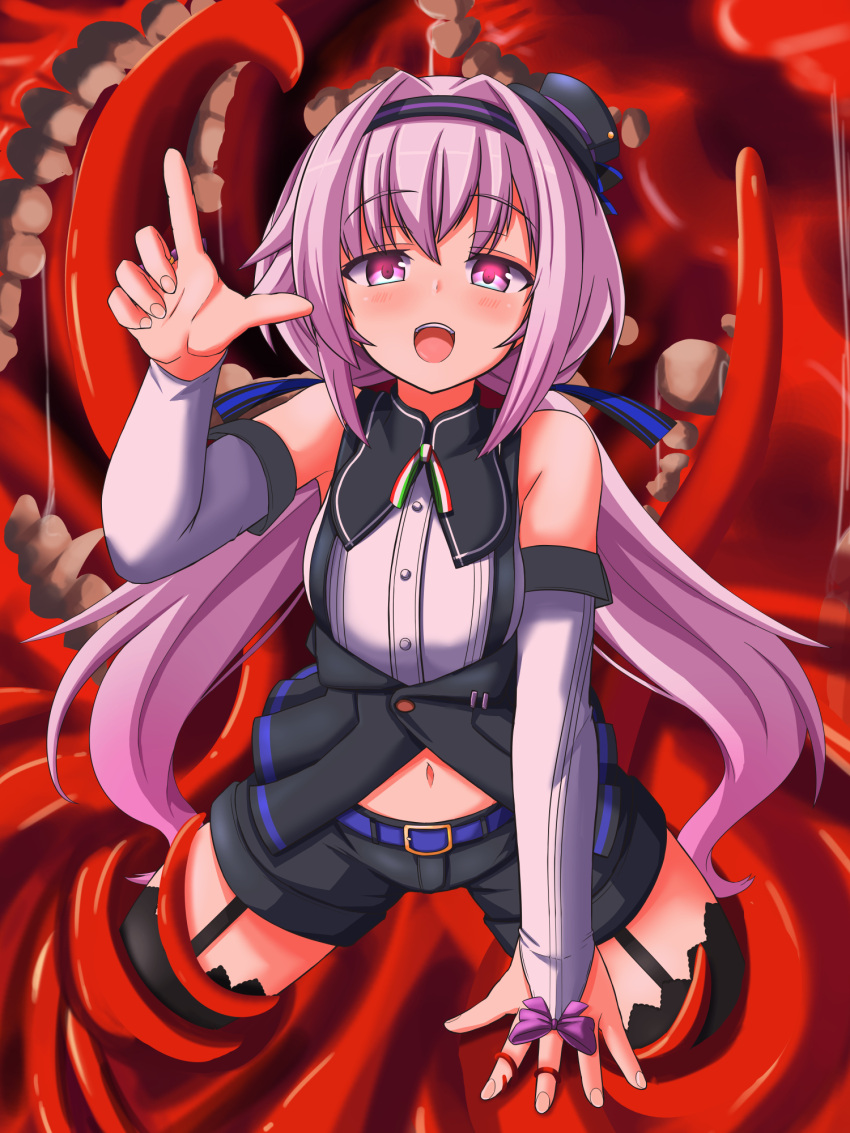 .live 1girl black_legwear blush carro_pino commentary_request detached_sleeves headband highres looking_at_viewer monster navel open_mouth purple_hair shizukanahoshi solo teeth tentacles thigh-highs violet_eyes virtual_youtuber