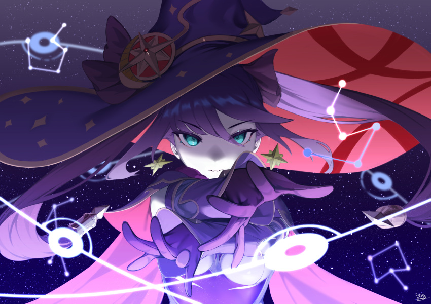 1girl aqua_eyes arms_up bangs black_ribbon cape constellation crescent crescent_moon_pin detached_sleeves eyebrows_visible_through_hair genshin_impact gloves glowing hair_between_eyes hair_ribbon hat hat_ornament highres komadera long_hair long_sleeves looking_at_viewer mona_(genshin_impact) pale_skin parted_lips pink_cape purple_gloves purple_hair purple_headwear ribbon signature sky smile solo space star_(sky) starry_sky twintails upper_body v-shaped_eyebrows witch_hat x_arms