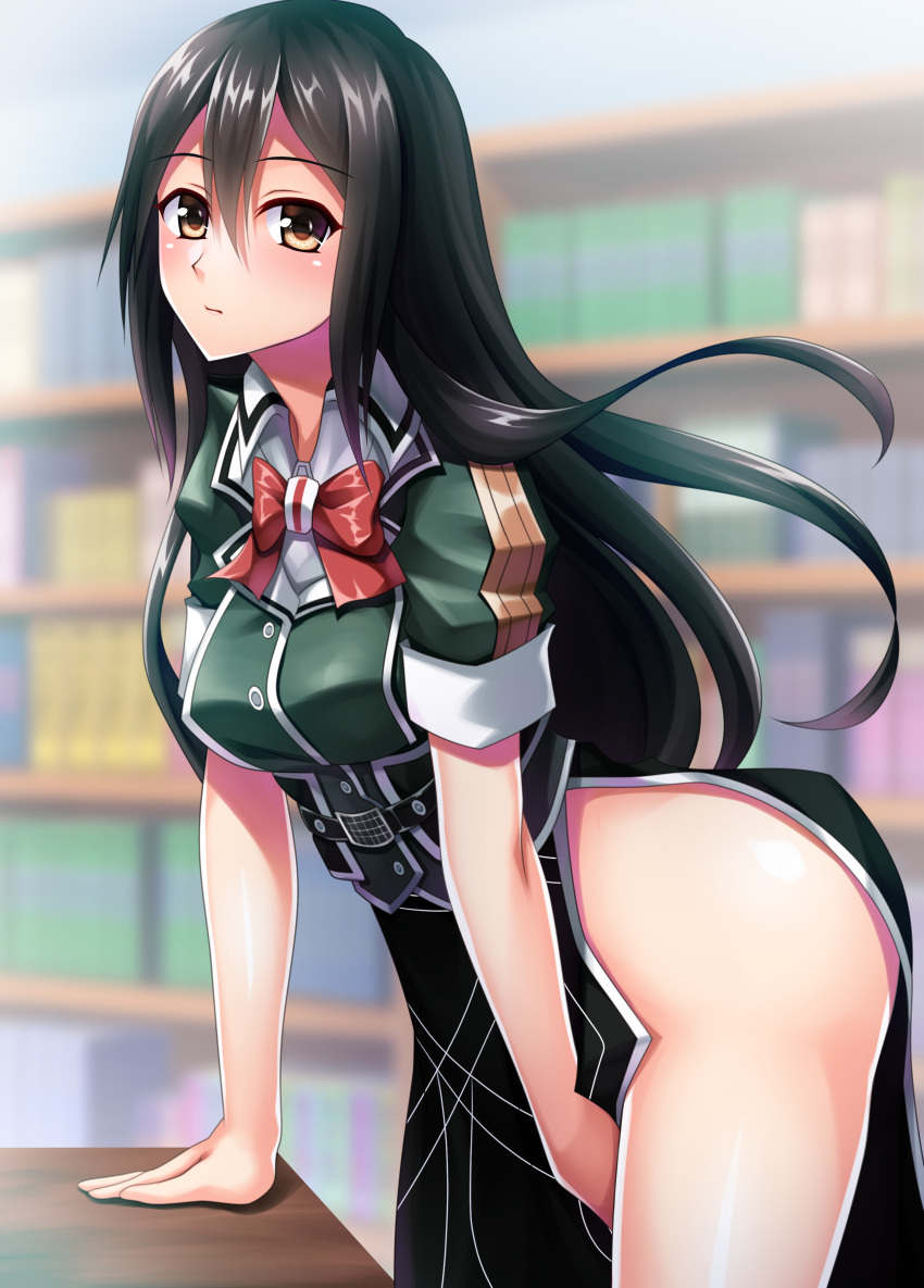 1girl absurdres black_hair black_skirt bow bowtie brown_eyes chikuma_(kantai_collection) eyebrows_visible_through_hair from_side hair_between_eyes highres kantai_collection long_hair long_skirt looking_at_viewer no_panties pelvic_curtain puffy_short_sleeves puffy_sleeves red_neckwear remodel_(kantai_collection) ruin_re_birth short_sleeves side_slit skirt solo