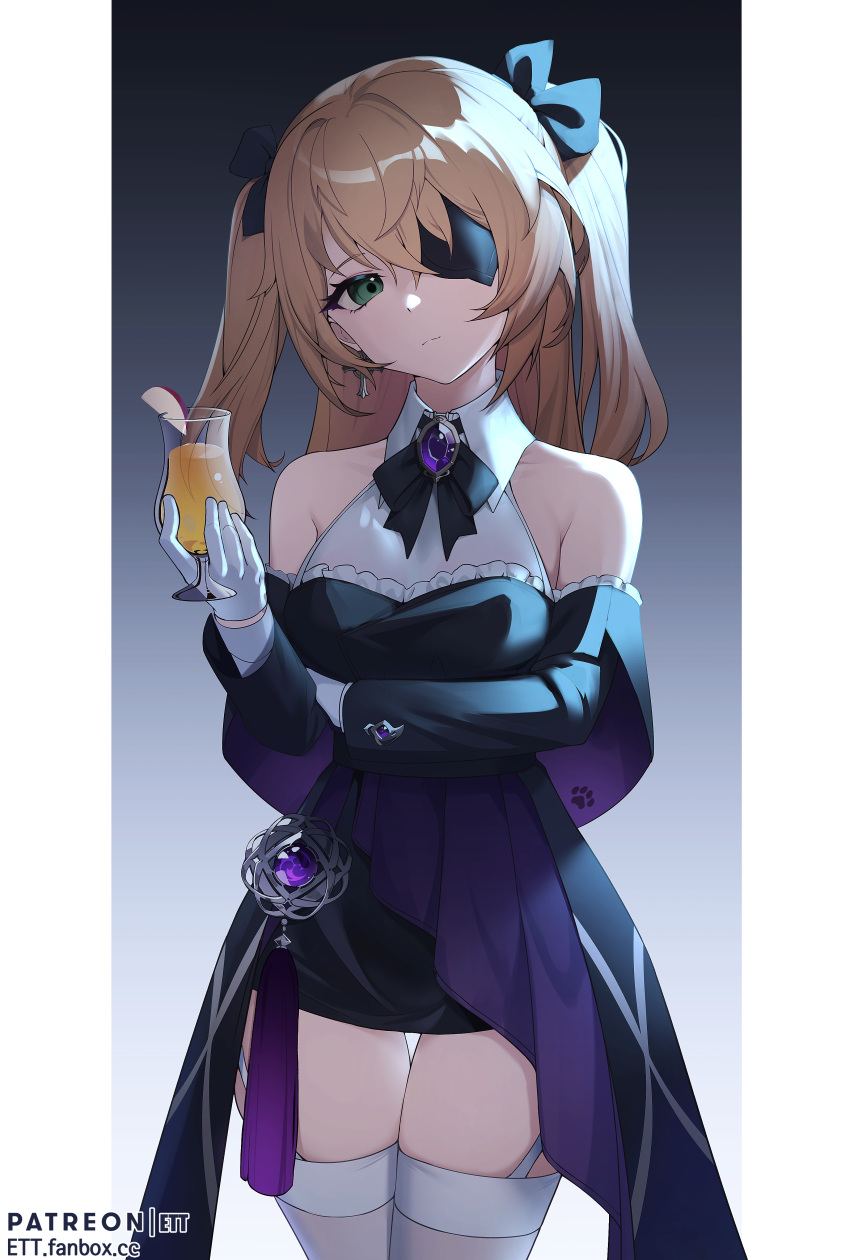 1girl absurdres bare_shoulders black_bow black_dress black_ribbon blonde_hair bow bowtie breasts closed_mouth cocktail_glass cowboy_shot cup cupping_glass dress drinking_glass earrings ett expressionless eyepatch fischl_(genshin_impact) garter_straps gem genshin_impact gloves green_eyes hair_bow hair_over_one_eye halter_dress head_tilt high_collar highres holding holding_cup jewelry long_hair long_sleeves looking_at_viewer revision ribbon short_dress solo standing symbol_commentary thigh-highs thigh_gap vision_(genshin_impact) white_gloves white_legwear