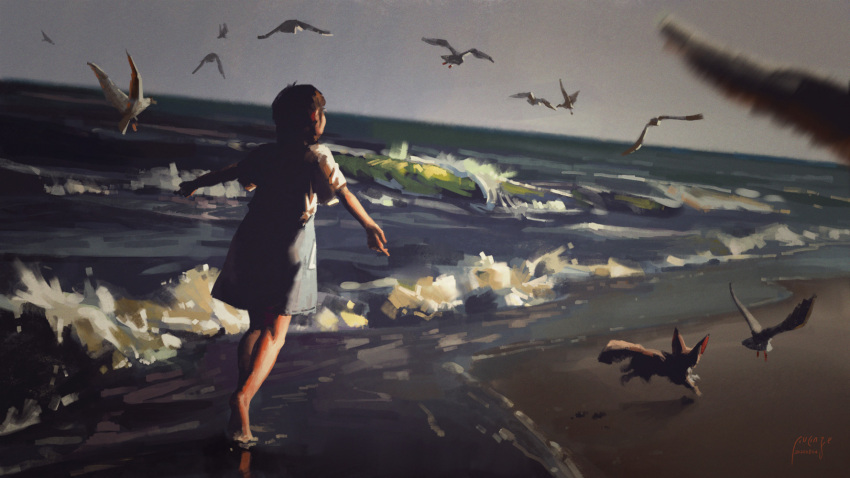 1girl animal barefoot beach bird commentary_request dated fennec_fox fox highres horizon making-of_available ocean original outdoors outstretched_arms overall_skirt seagull short_sleeves signature water waves xiaobanbei_milk