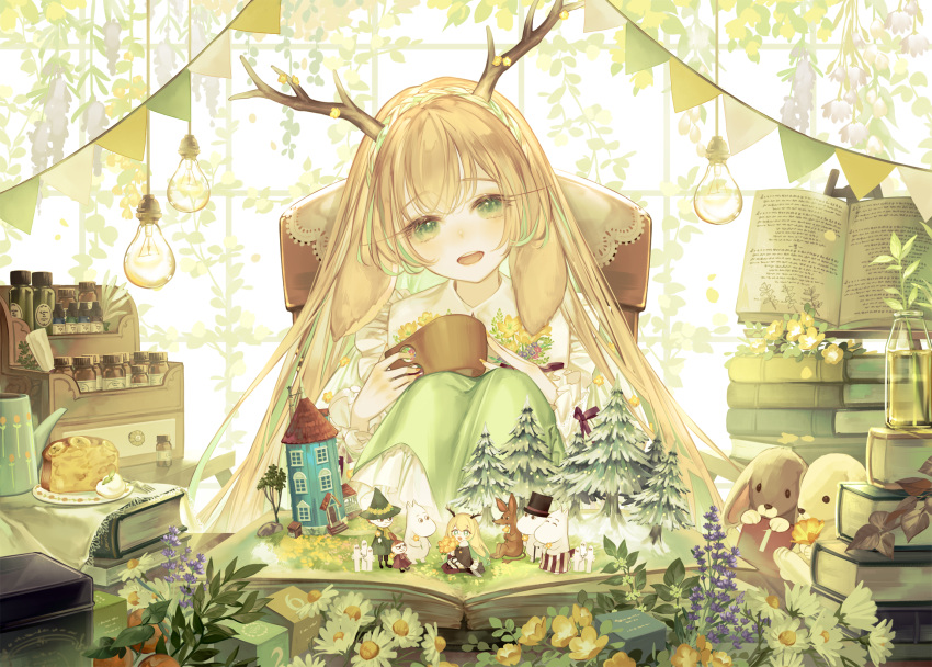1girl blonde_hair book chair character_request copyright_request cup deer_girl flower green_eyes green_skirt highres holding holding_cup horns lamp long_hair long_sleeves looking_at_viewer moomin open_book open_mouth shirt sitting skirt solo stuffed_animal stuffed_bunny stuffed_toy upper_teeth virtual_youtuber white_shirt yoggi_(stretchmen)