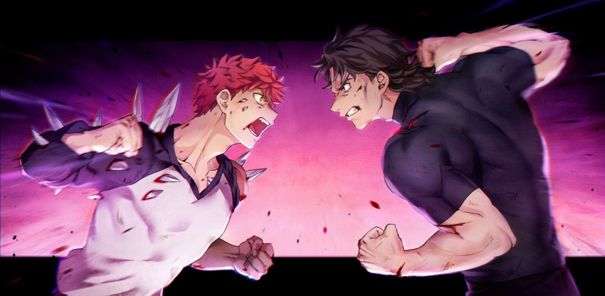 2boys battle blood brown_hair clenched_hands emiya_shirou emphasis_lines eye_contact fate/stay_night fate_(series) fighting_stance fist_fight heaven's_feel highres kotomine_kirei looking_at_another male_focus multiple_boys muscle punching redhead sword torn_clothes tuto_(mokuchin09) upper_body weapon
