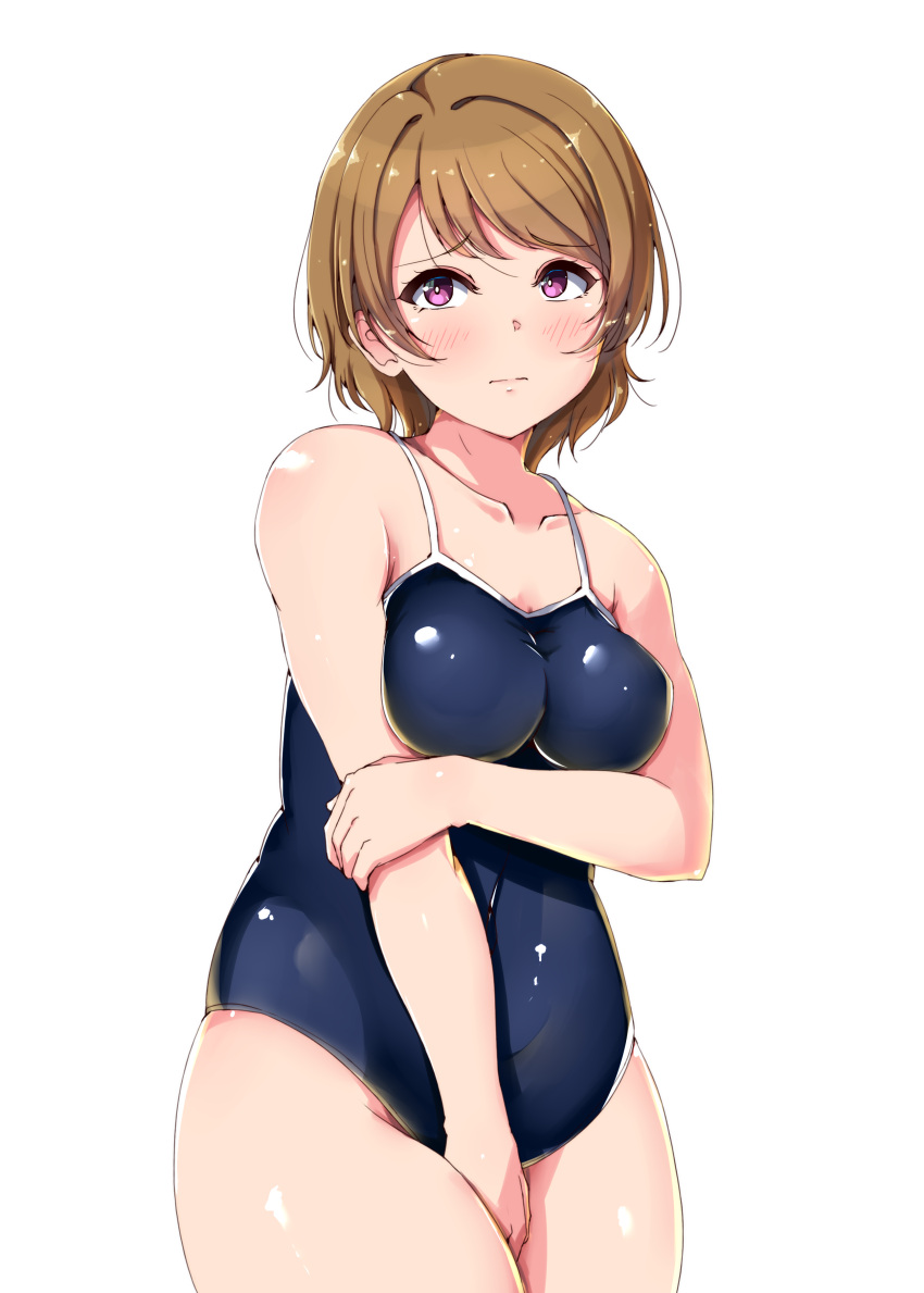 1girl absurdres arm_under_breasts bangs bare_arms bare_shoulders blue_swimsuit blush breast_squeeze breasts brown_hair closed_mouth collarbone competition_school_swimsuit covered_navel covering covering_crotch cowboy_shot embarrassed eyebrows_visible_through_hair furrowed_eyebrows highres holding_arm koizumi_hanayo love_live! love_live!_school_idol_project medium_breasts messy_hair one-piece_swimsuit school_swimsuit shinonon_(iso_shino) shiny shiny_clothes shiny_hair shiny_skin shiny_swimsuit short_hair simple_background skin_tight skindentation solo spaghetti_strap swept_bangs swimsuit thick_thighs thighs violet_eyes white_background