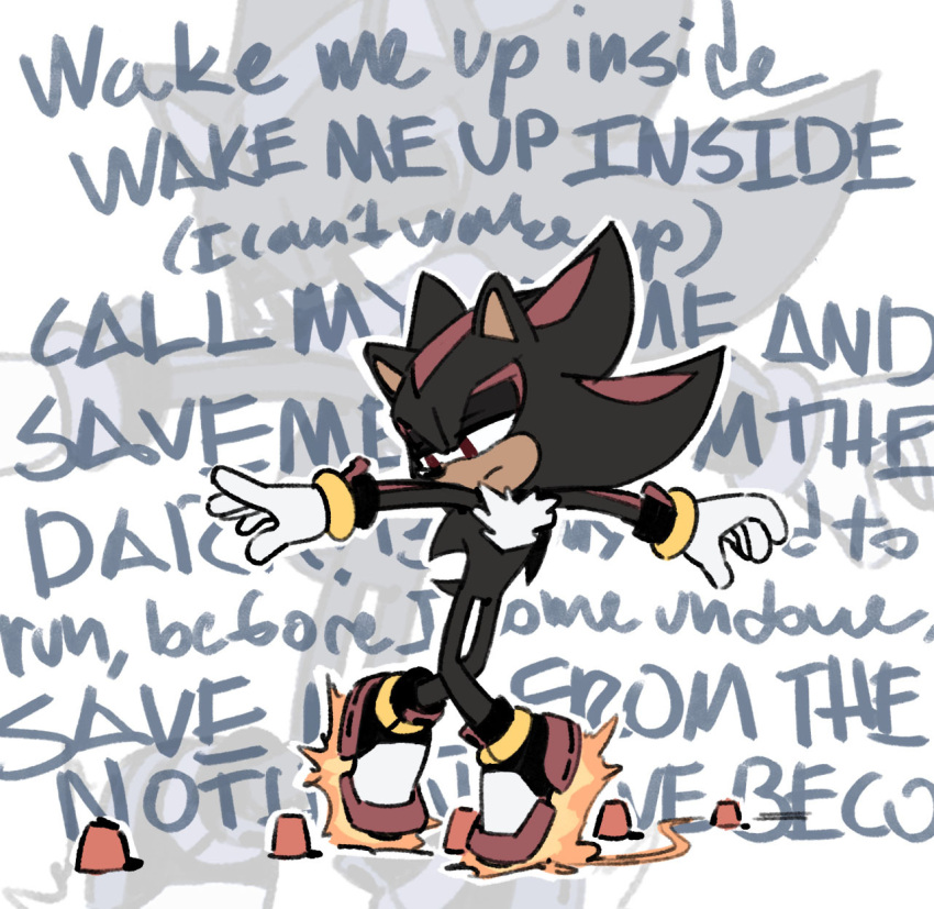 1boy :| animal_ears animal_nose closed_mouth dancing english_text evan_stanley evanescence figure_skating gloves highlights highres jewelry lyrics meme multicolored_hair red_eyes ring shadow_the_hedgehog shoes sonic_the_hedgehog tail wake_me_up_inside_(meme) white_gloves yellow_bracelet