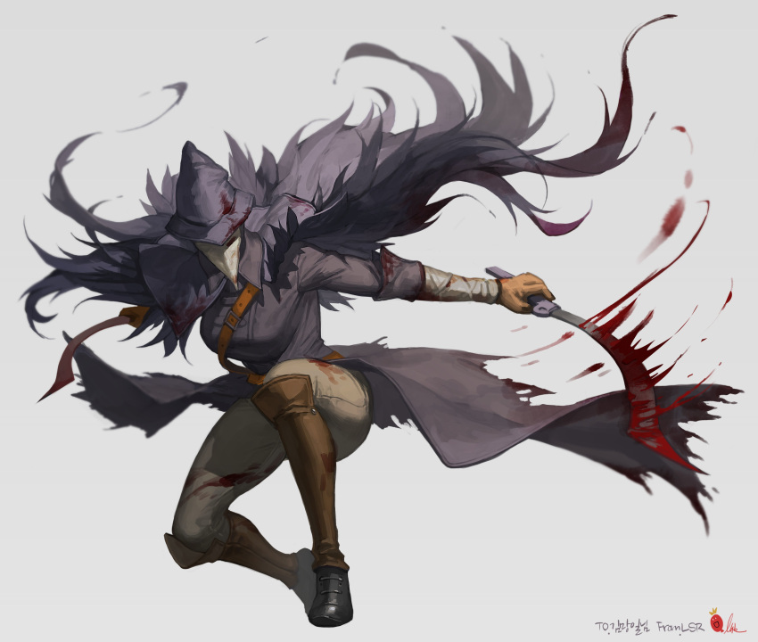 1girl absurdres bandages black_headwear blade_of_mercy blood blood_stain bloodborne bloody_clothes bloody_weapon boots cloak coat dual_wielding eileen_the_crow feather-trimmed_coat gloves hat highres holding holding_weapon long_coat lsr_dbd mask pants plague_doctor_mask simple_background solo sword weapon white_background