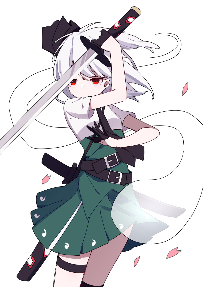 1girl absurdres belt belt_buckle black_belt black_gloves bow buckle cowboy_shot fighting_stance gla gloves green_skirt hair_bow half_gloves highres hitodama holding holding_sword holding_weapon katana konpaku_youmu konpaku_youmu_(ghost) medium_hair multiple_belts petals pleated_skirt red_eyes short_sleeves simple_background skirt sword thigh_strap touhou weapon white_background white_hair