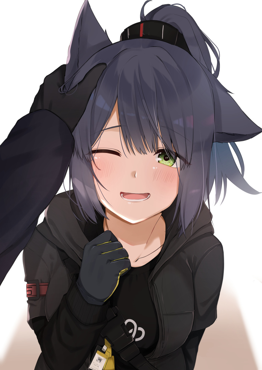 1girl absurdres animal_ears arknights bangs blush cat_ears cat_girl dark_blue_hair eyebrows_visible_through_hair gloves green_eyes hand_on_another's_head highres jessica_(arknights) one_eye_closed open_mouth pov pov_hands simple_background smile surato white_background