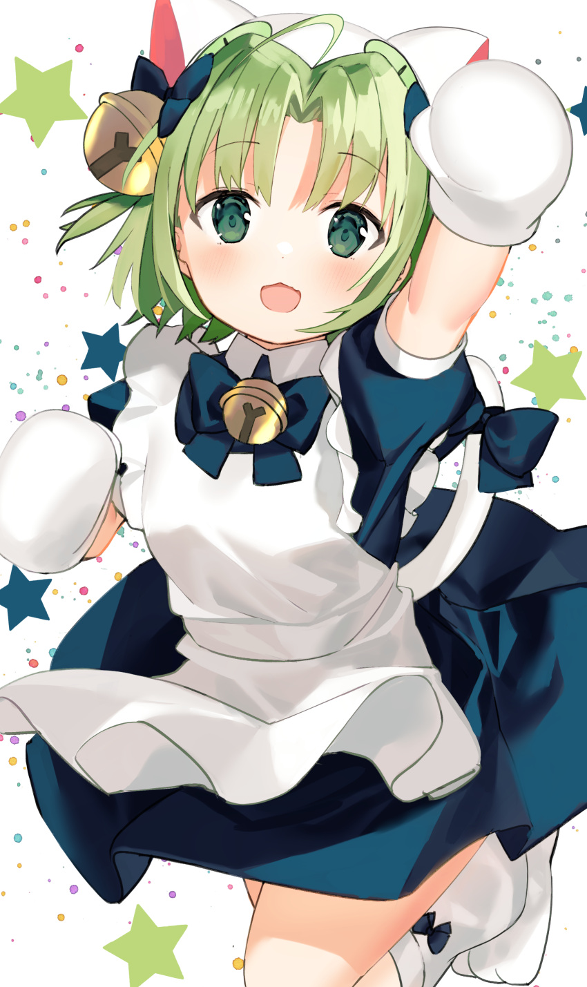1girl :d absurdres ahoge animal_ears animal_hat apron arm_up bangs bell blue_bow blue_dress blush bow cat_ears cat_hat collared_dress commentary_request dejiko di_gi_charat dress eyebrows_visible_through_hair fake_animal_ears frilled_apron frills green_eyes green_hair hair_bell hair_bow hair_ornament hat highres idemitsu jingle_bell maid mittens open_mouth parted_bangs paw_shoes puffy_short_sleeves puffy_sleeves shoes short_sleeves smile socks solo standing standing_on_one_leg starry_background white_apron white_background white_footwear white_headwear white_legwear white_mittens