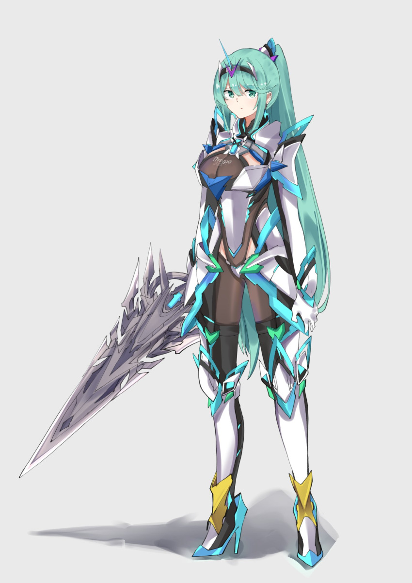 1girl bangs breasts chest_jewel earrings full_body gloves green_eyes green_hair grey_background high_heels highres holding holding_sword holding_weapon jewelry large_breasts long_hair long_ponytail looking_at_viewer pneuma_(xenoblade) ponytail sarasadou_dan shadow simple_background solo standing swept_bangs sword tiara very_long_hair weapon xenoblade_chronicles_(series) xenoblade_chronicles_2