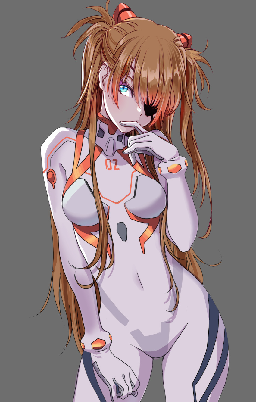 1girl absurdres bangs blue_eyes bodysuit breasts brown_hair commentary_request covered_navel evangelion:_3.0+1.0_thrice_upon_a_time eyepatch gloves gradient gradient_hair grey_background hair_ornament hand_up highres interface_headset long_hair long_sleeves looking_at_viewer medium_breasts multicolored_hair neon_genesis_evangelion plugsuit rebuild_of_evangelion shikinami_asuka_langley shiny shiny_hair simple_background skin_tight solo souryuu_asuka_langley tied_hair turtleneck white_bodysuit yamashita_shun'ya