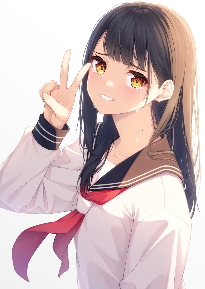 1girl absurdres black_hair blush brown_hair commentary_request crying from_side highres long_hair long_sleeves looking_at_viewer mole mole_on_neck neckerchief ochiai_miyabi original red_neckwear sailor_collar school_uniform serafuku simple_background solo upper_body v white_background