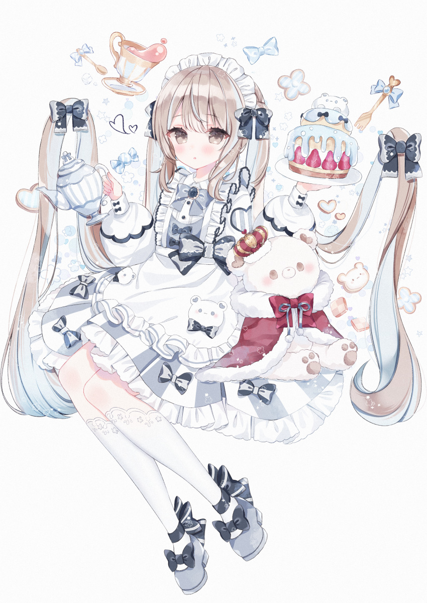 1girl :o absurdres apron bangs black_bow blush bow brown_eyes brown_hair commentary_request cup dress eyebrows_visible_through_hair frilled_apron frilled_dress frills full_body grey_background grey_bow grey_footwear hair_bow hands_up highres holding kneehighs kotamun long_hair long_sleeves looking_at_viewer maid multicolored_hair original parted_lips pleated_dress saucer shirt shoes silver_hair simple_background solo spoon striped stuffed_animal stuffed_toy tea teacup teapot teddy_bear two-tone_hair vertical-striped_dress vertical_stripes very_long_hair white_apron white_background white_legwear white_shirt