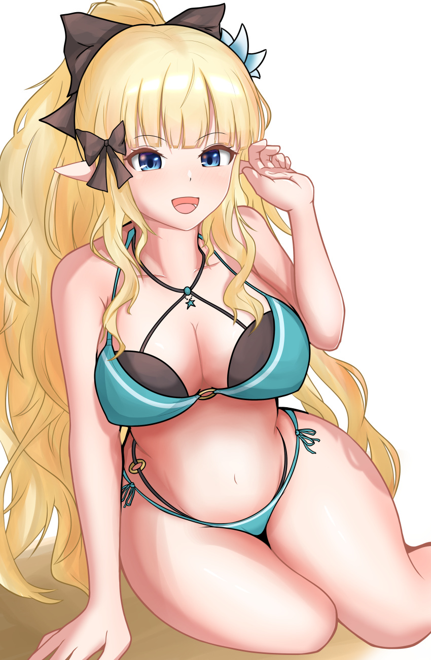 1girl absurdres bangs bikini black_bow blonde_hair blue_eyes blush bow breasts elf eyebrows_visible_through_hair flower hair_bow hair_flower hair_ornament highres large_breasts long_hair looking_at_viewer navel open_mouth pointy_ears ponytail princess_connect! princess_connect!_re:dive raldest saren_(princess_connect!) smile solo swimsuit
