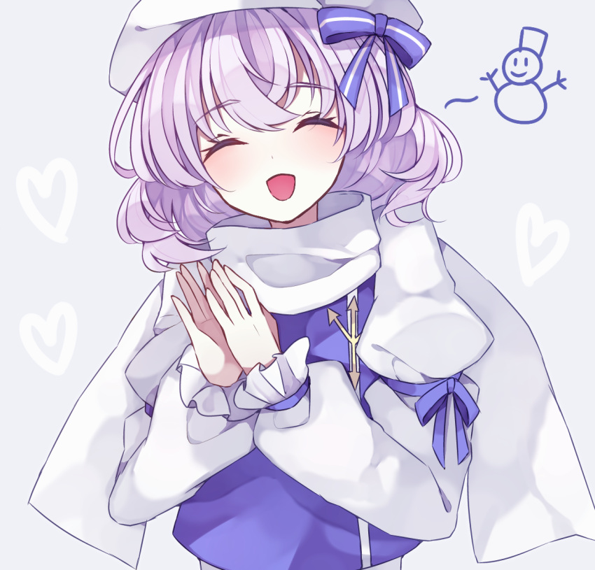 1girl bangs blue_ribbon blue_shirt blush breasts commentary_request crossed_bangs eyebrows_visible_through_hair grey_background hair_ribbon hands_together hat heart juliet_sleeves letty_whiterock long_sleeves medium_hair nanairo_madani open_mouth puffy_sleeves purple_hair ribbon scarf shirt simple_background small_breasts smile snowman solo striped striped_ribbon touhou upper_body white_headwear white_scarf