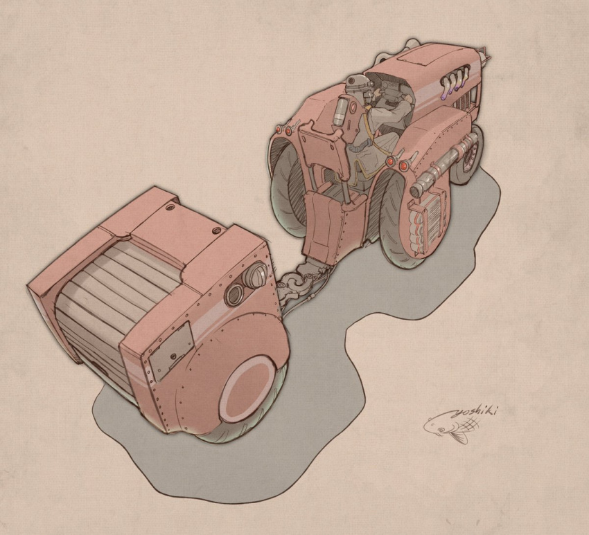 1boy artist_name beige_background driving from_above from_behind gaimoon helmet original science_fiction tractor vehicle_focus