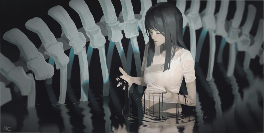 1girl black_hair bone closed_eyes closed_mouth dripping long_hair open_hands original partially_submerged reflection reido_(reido_c) ribs ripples signature solo water wet wet_clothes
