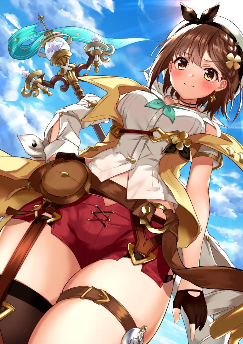 1girl atelier_(series) atelier_ryza atelier_ryza_2 belt beret black_gloves blue_sky blush breasts brown_belt brown_eyes brown_hair brown_legwear closed_mouth clouds day earrings eyebrows_visible_through_hair fingerless_gloves from_below gloves hat highres jacket jewelry key_necklace leg_belt light_rays looking_at_viewer medium_breasts meri-san outdoors red_shorts reisalin_stout short_hair short_shorts shorts single_thighhigh sky smile solo staff sun sunbeam sunlight thick_thighs thigh-highs thighs white_headwear yellow_jacket