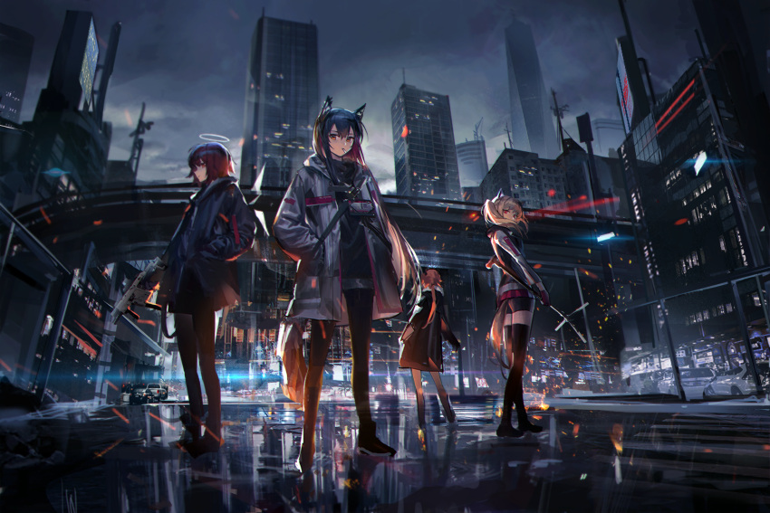 4girls alternate_costume animal_ears arknights backlighting black_hair black_legwear black_shorts building city city_lights cityscape cow_horns croissant_(arknights) crosswalk energy_wings exusiai_(arknights) grey_jacket gun halo hands_in_pockets highres highway hood hooded_jacket horns jacket kriss_vector long_sleeves low_ponytail mouth_hold multiple_girls open_clothes open_jacket orange_hair ouko outdoors pantyhose penguin_logistics_(arknights) redhead reflection revision scenery short_hair short_shorts shorts skyscraper sora_(arknights) staff standing submachine_gun tail texas_(arknights) texas_(winter_messenger)_(arknights) thigh-highs twintails weapon wolf_ears wolf_girl wolf_tail