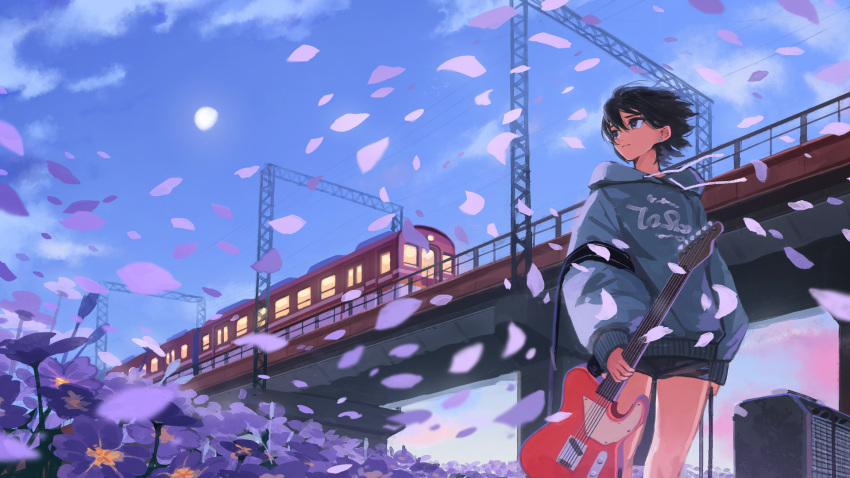 1girl black_hair bridge day earrings flower ground_vehicle guitar highres holding hood hoodie instrument jewelry looking_to_the_side original outdoors petals scenery short_hair short_shorts shorts sky solo train window1228