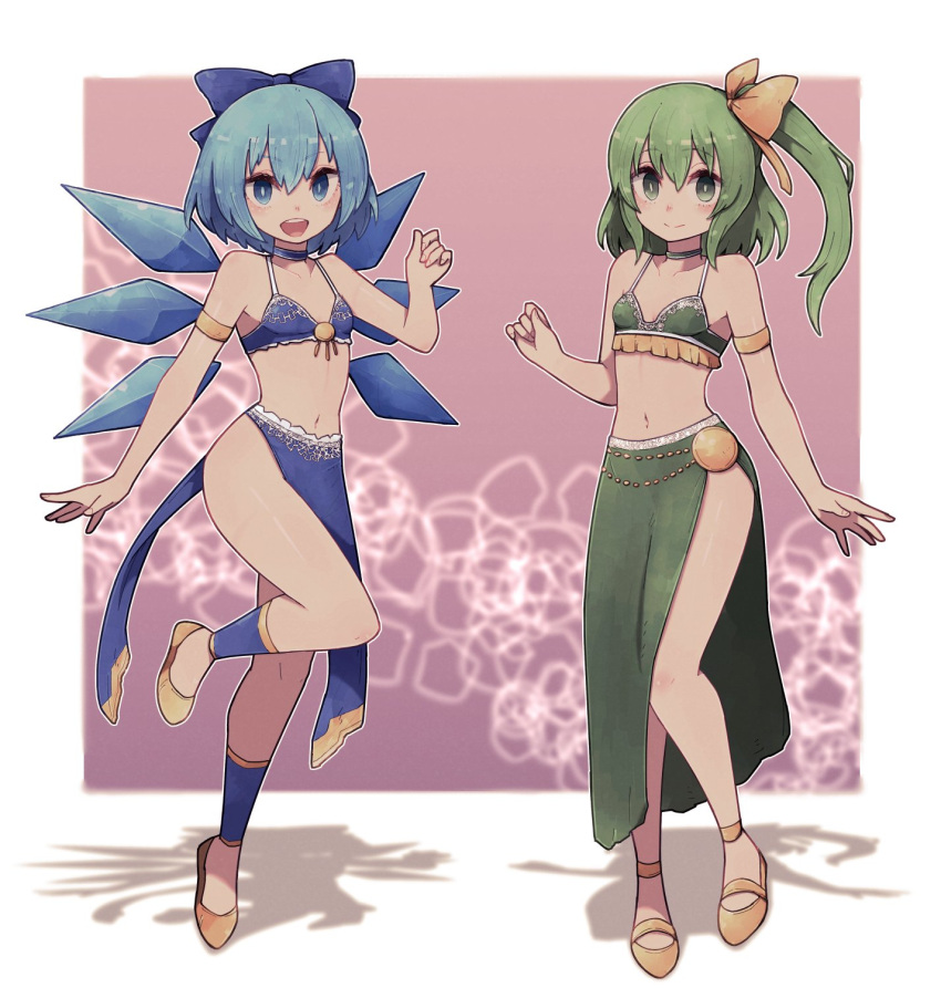 2girls :d alternate_costume blue_bow blue_bra blue_choker blue_eyes blue_hair blue_legwear blurry blurry_background bow bra breasts bright_pupils choker cirno closed_mouth clothing_request commentary_request daiyousei foot_up full_body gold_trim gradient gradient_background green_bra green_choker green_eyes green_hair hair_bow hand_up highres ice ice_wings lamb-oic029 looking_at_viewer medium_hair multiple_girls navel one_side_up open_mouth pink_background shadow short_hair side_slit small_breasts smile touhou underwear upper_teeth white_background wings yellow_bow yellow_footwear