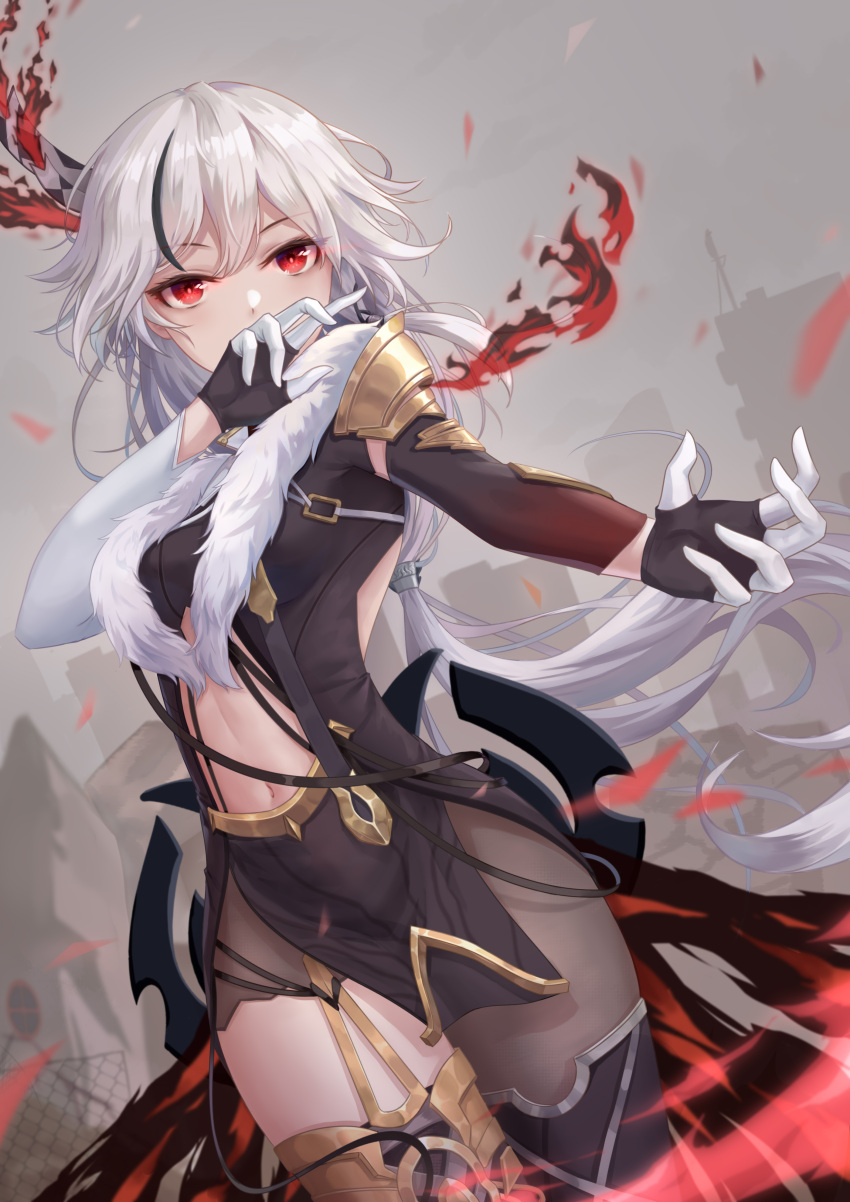 1girl absurdres armor bangs black_hair black_legwear breasts center_opening cityscape commentary_request day detached_sleeves eyebrows_visible_through_hair fire fu_hua fur_trim highres honkai_(series) honkai_impact_3rd long_hair looking_at_viewer low_ponytail medium_breasts mismatched_sleeves multicolored_hair navel outdoors red_eyes revealing_clothes shoulder_armor silver_hair solo streaked_hair thigh-highs two-tone_gloves very_long_hair yelan_xing_xuan
