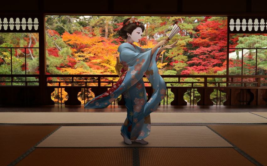 1girl absurdres autumn blue_kimono brown_eyes dancing eyeliner facepaint fan floral_print flower from_side geisha hair_bun hair_flower hair_ornament hair_pulled_back hands_up highres holding holding_fan hotechige huge_filesize indoors japanese_clothes kimono lips makeup obi original paper_fan parted_lips photo_background red_lips sash short_hair solo standing tabi tatami tree wide_sleeves wooden_floor