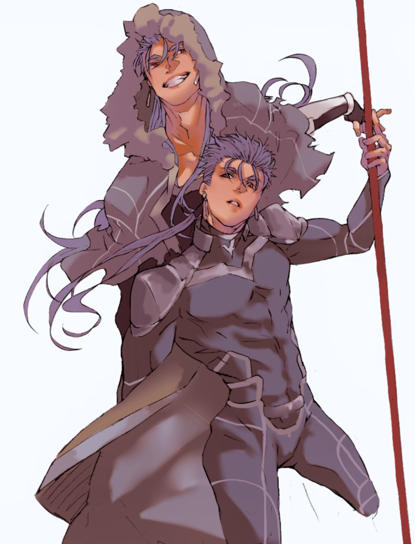 2boys abs armor beads blue_hair bodysuit capelet closed_mouth cu_chulainn_(fate)_(all) cu_chulainn_(fate/grand_order) don_(sjag3855) earrings fang fate/grand_order fate/stay_night fate_(series) floating_hair fur-trimmed_hood fur_trim gae_bolg grin hair_beads hair_ornament highres holding holding_polearm holding_weapon hood hood_up hooded_capelet jewelry lancer long_hair looking_to_the_side male_focus multiple_boys multiple_persona muscle pauldrons pectorals polearm ponytail red_eyes shoulder_armor simple_background skin_tight slit_pupils smile spiky_hair type-moon weapon white_background
