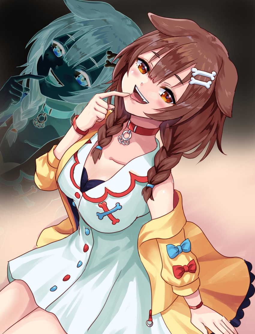 1girl animal_ears arm_support bone_hair_ornament bracelet braid breasts brown_eyes brown_hair commentary dog_ears dress finger_to_tongue hair_ornament highres hololive inugami_korone jewelry large_breasts leaning_back light_persona long_hair looking_at_viewer low_twin_braids low_twintails negative neroko_(inugami_korone) nffijodtugtslfy off-shoulder_jacket off_shoulder paw_pendant pendant_choker sitting smirk solo tied_hair twin_braids twintails white_dress