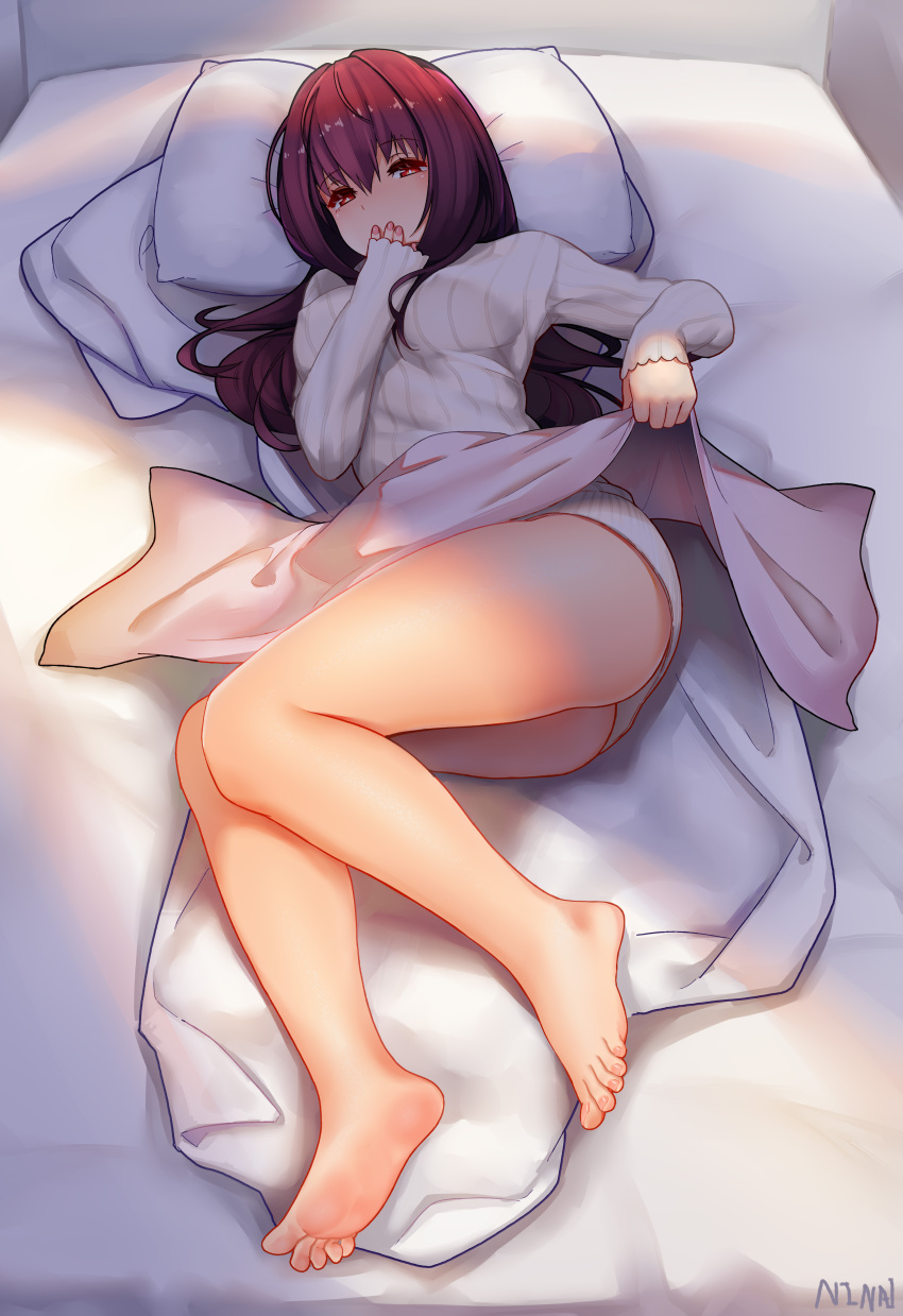 1girl absurdres bare_legs barefoot bed bed_sheet breasts covered_nipples dress fate/grand_order fate_(series) feet full_body highres large_breasts legs long_hair looking_at_viewer lying ninainaidesss no_bra no_panties on_side pillow purple_hair red_eyes scathach_(fate)_(all) scathach_(fate/grand_order) shade soles sweater sweater_dress toes