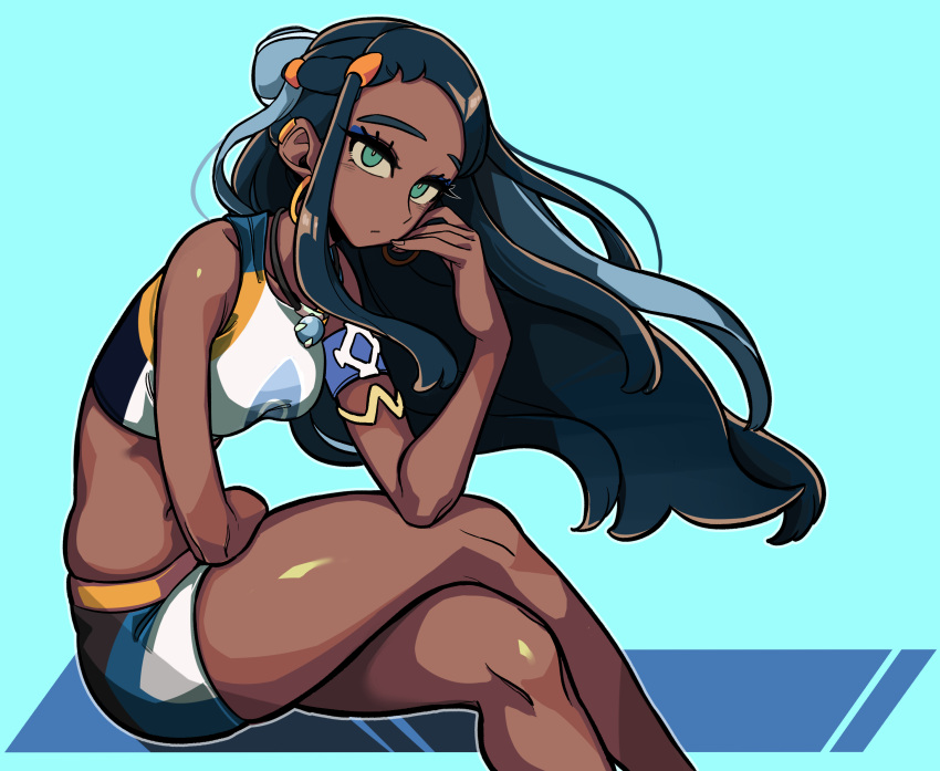 1girl absurdres armlet blue_eyeshadow dark_skin dark-skinned_female earrings eyeshadow gym_leader highres hoop_earrings jewelry long_hair looking_at_viewer makeup masgamjya multicolored_hair navel nessa_(pokemon) pokemon pokemon_(game) pokemon_swsh solo swimsuit tankini two-tone_hair