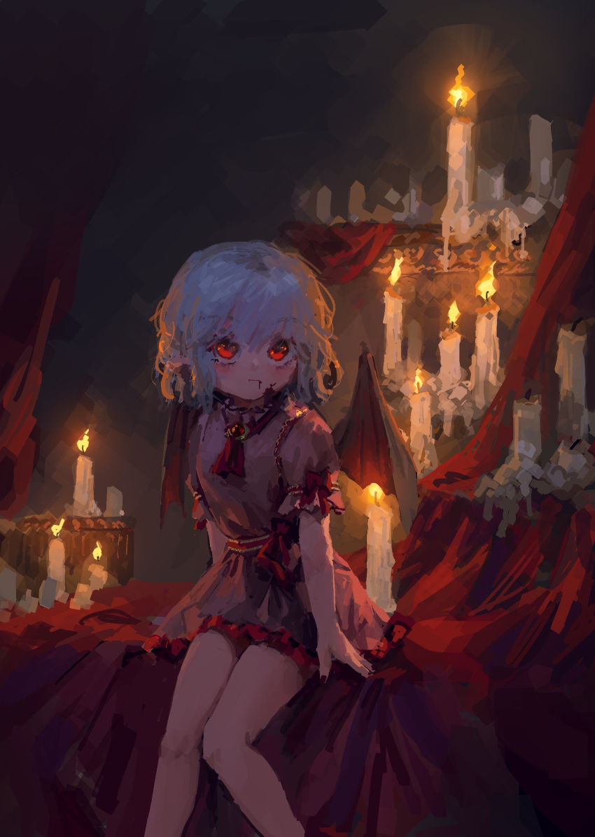 1girl arm_support ascot bat_wings blood blood_from_mouth brooch candle closed_mouth dark_room dress eyebrows_visible_through_hair feet_out_of_frame flat_chest hair_between_eyes highres jewelry knees_together_feet_apart light_blue_hair looking_at_viewer no_hat no_headwear petticoat pink_dress puffy_short_sleeves puffy_sleeves red_eyes red_nails red_neckwear reddizen remilia_scarlet short_hair short_sleeves sitting solo table touhou wings