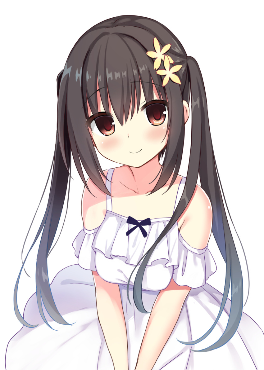 1girl bare_shoulders black_hair blush breasts brown_eyes center_opening closed_mouth collarbone commentary_request double-parted_bangs dress eyelashes eyes_visible_through_hair flower frilled_dress frills hair_between_eyes hair_flower hair_ornament half_updo highres large_breasts long_hair original sakura_(utsumire) short_sleeves simple_background sleeveless sleeveless_dress smile solo twintails utsunomiya_tsumire v_arms very_long_hair white_background white_dress yellow_flower