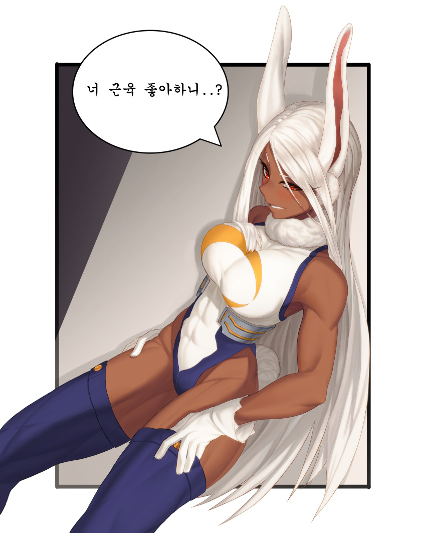 1girl abs absurdres animal_ears blush boku_no_hero_academia breasts bunny_tail dark_skin dark-skinned_female highleg highleg_leotard highres impossible_clothes korean_text kyulohana large_breasts leotard long_eyelashes long_hair mirko muscle muscular_female rabbit_ears red_eyes simple_background solo speech_bubble straight_hair tail thigh-highs very_long_hair white_hair