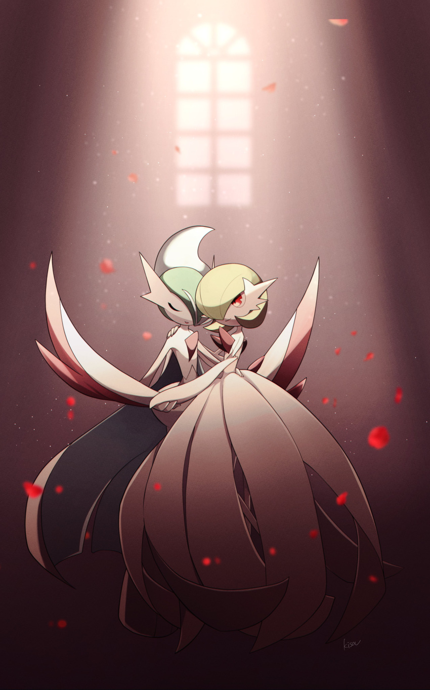 absurdres closed_eyes closed_mouth commentary_request dancing film_grain gallade gardevoir gen_3_pokemon gen_4_pokemon hand_on_another's_shoulder highres holding_hands kisa_(kisa-kisa5900) light_beam mega_gallade mega_gardevoir mega_pokemon petals pokemon pokemon_(creature) red_eyes smile spotlight standing window