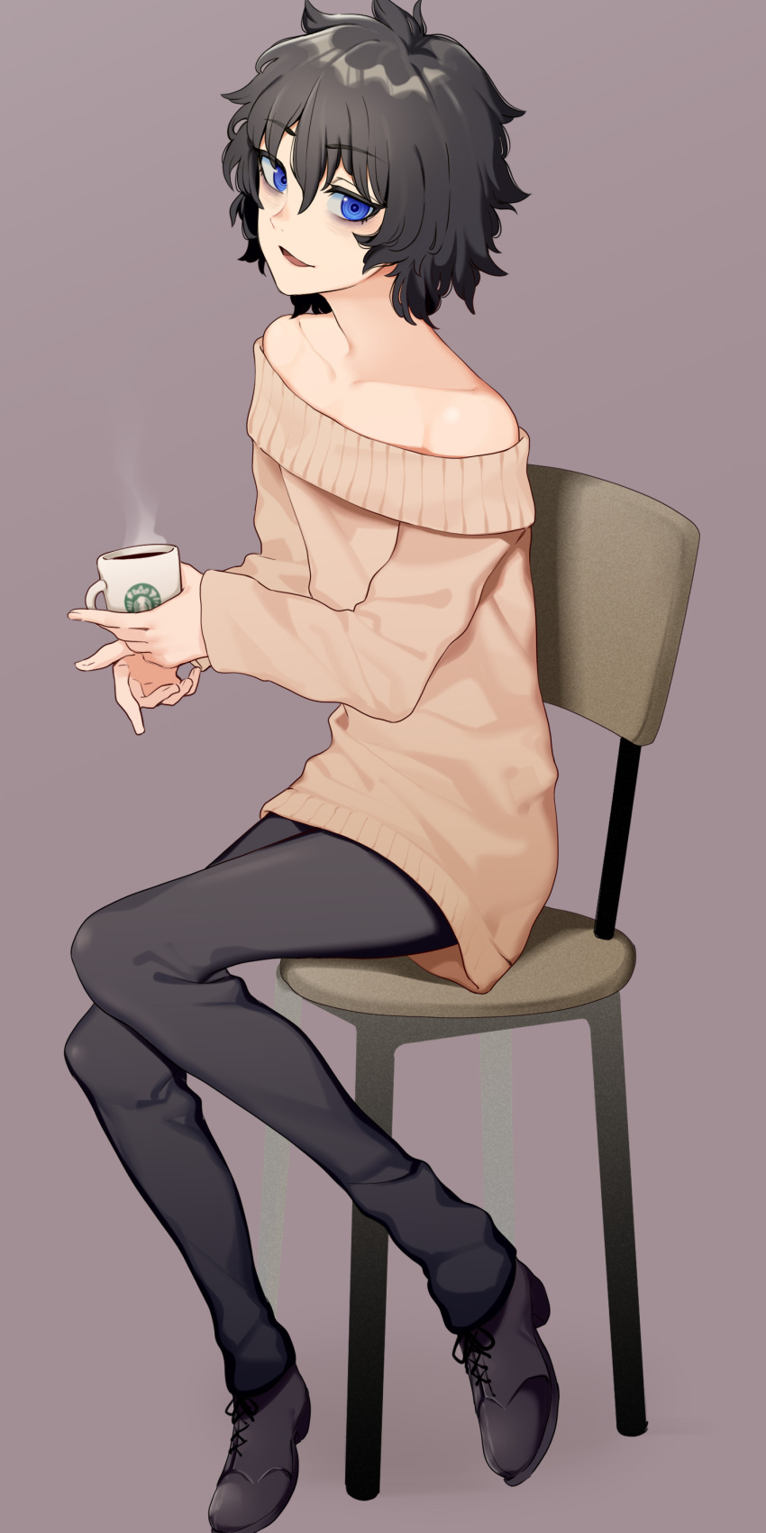 absurdres androgynous black_hair blue_eyes chair coffee coffee_mug cup eyebrows_visible_through_hair highres holding mug off_shoulder original short_hair simple_background sitting solo st_(youx1119) starbucks sweater