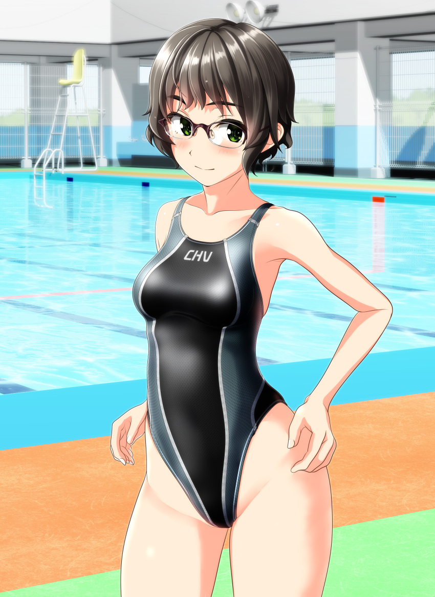 1girl absurdres black_hair black_swimsuit breasts collarbone commentary_request competition_swimsuit contrapposto cowboy_shot glasses green_eyes groin highleg highleg_swimsuit highres lifeguard_chair looking_at_viewer medium_breasts one-piece_swimsuit original pool short_hair solo standing swimsuit takafumi two-tone_swimsuit