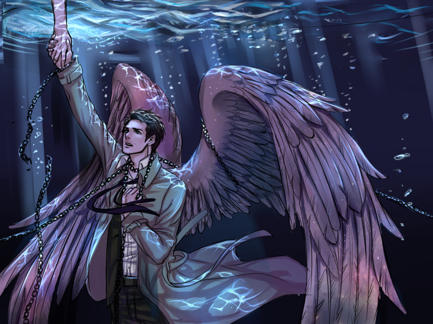 1boy angel_wings black_hair cang_fade castiel chain facial_hair highres holding_hands long_coat male_focus necktie outstretched_hand solo_focus stubble supernatural_(tv_series) trench_coat underwater wings