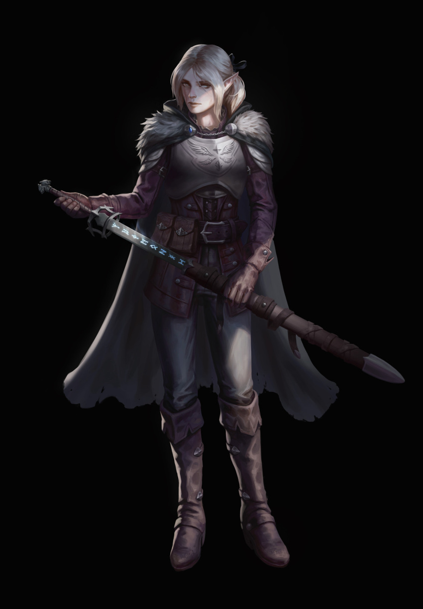 1girl armor backlighting belt belt_pouch black_background blonde_hair blue_eyes boots breastplate brown_footwear brown_gloves cape closed_mouth commission dungeons_and_dragons elf fur_trim gloves glowing grey_cape highres holding holding_sheath holding_sword holding_weapon long_hair original pointy_ears pouch runes scabbard scar scar_on_face sheath simple_background slit_pupils solo standing sword torn torn_cape torn_clothes twotimesthedime unsheathed weapon
