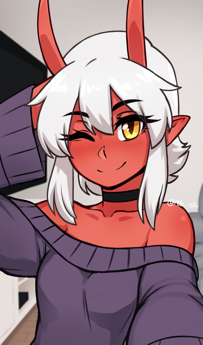 1girl ;) absurdres artist_name bangs bare_shoulders black_choker blush breasts choker closed_mouth collarbone colored_skin commentary demon_girl demon_horns demon_tail english_commentary grey_hair hair_between_eyes hand_on_head highres horns indoors li_(rob_ishi) looking_at_viewer off-shoulder_sweater off_shoulder one_eye_closed orange_eyes original pointy_ears purple_sweater red_skin rob_ishi self_shot short_hair skin-covered_horns smile solo sweater tail television upper_body white_hair