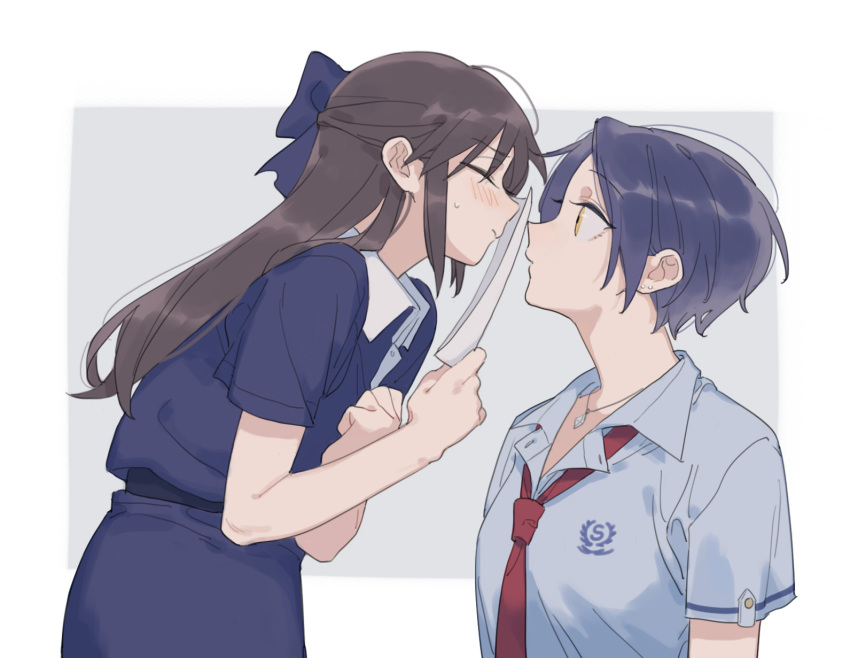 2girls age_difference ahn bangs blue_dress blue_hair blue_shirt blush brown_hair closed_eyes closed_mouth collar collared_shirt commentary_request dress ear_piercing earrings embarrassed eyebrows_visible_through_hair from_side grey_background hair_between_eyes hand_on_own_chest hayami_kanade highres holding holding_paper idolmaster idolmaster_cinderella_girls jewelry long_hair looking_at_another multiple_girls necktie paper pendant piercing red_neckwear shirt short_hair short_sleeves sidelocks simple_background sweat tachibana_arisu uniform upper_body white_background white_shirt yellow_eyes yuri