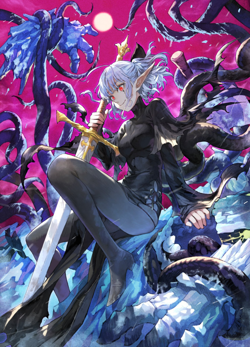 1girl ahoge axe cover cover_image covered_collarbone facial_mark fingernails grey_hair high_heels highres holding holding_axe holding_sword holding_weapon ice jun_(seojh1029) medium_hair monster official_art open_mouth original parted_lips pointy_ears purple_sky red_eyes severed_limb sitting slit_pupils smile sword teeth tentacles torn torn_clothes turtleneck weapon yellow_eyes